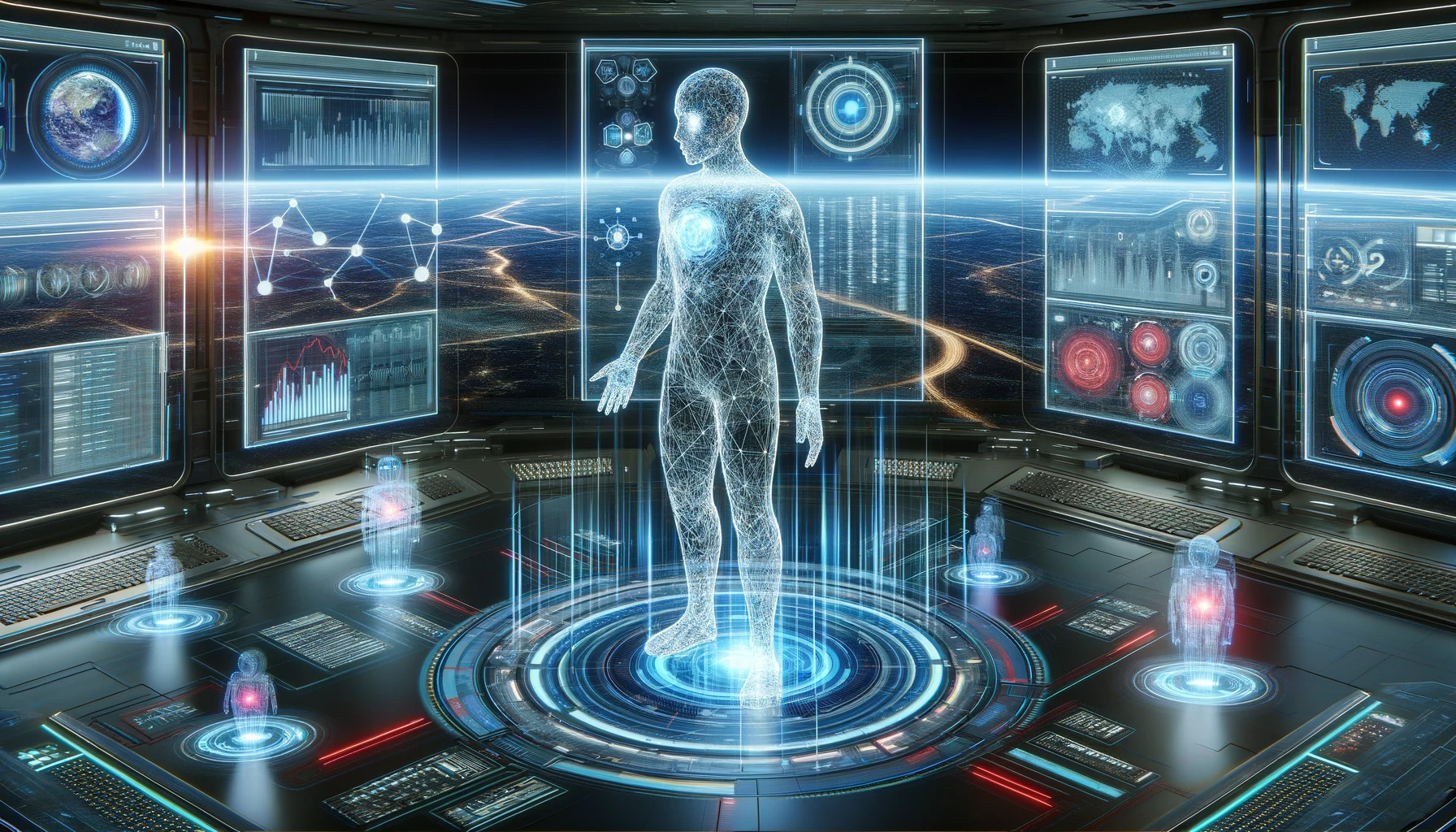 Illustrate a futuristic AI cybersecurity interface with a central AI figure possessing a humanoid form composed of a glowing network grid. This AI is engaging with multiple holographic screens suspended in the air, which display various visualizations: real-time cyber threat analyses, code decryption processes, and global security alerts. The AI is stationed within a high-tech command center that overlooks a vast digital abyss, where luminous trails signify data transfers and internet traffic. The scene is imbued with a modern color scheme featuring metallic silvers, electric blues, and alarm-red accents, suggesting a state-of-the-art, secure environment. This high-tech ambiance underscores the AI's superior ability to monitor, analyze, and protect the digital domain against potential threats.