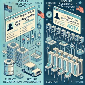 A split-screen illustration contrasting public voter registration data and secure election infrastructure. One side features publicly accessible information such as names and addresses in a basic, open format, while the other side shows secure, encrypted servers and protected voting machines, highlighting the difference between general data availability and the secure protection of election systems.